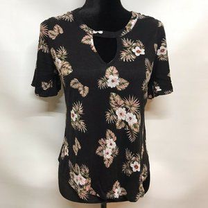 Elodie Women's Floral  black medium Top Rayon Shirt Sz M Short Sleeve open front